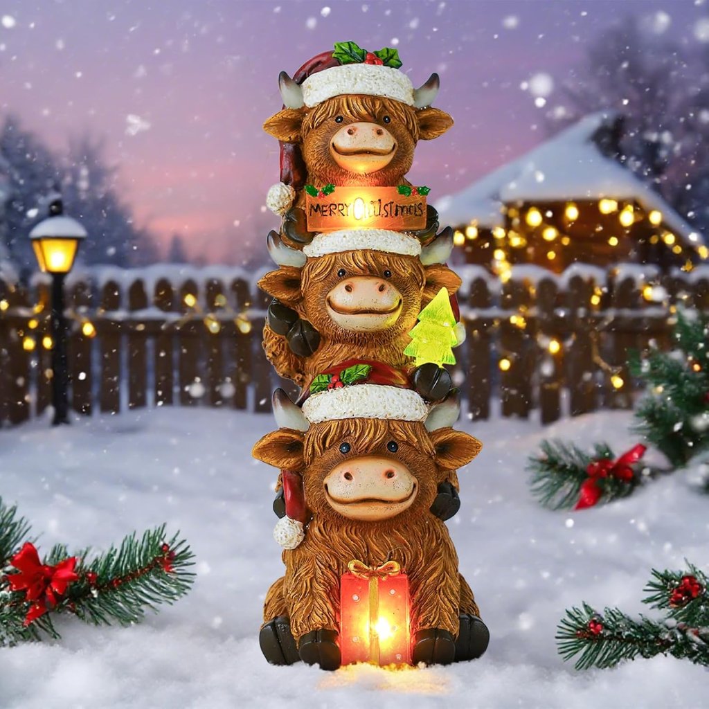 Christmas Highland Cow Decor With Solar Light Triple Highland Cow Christmas Deco